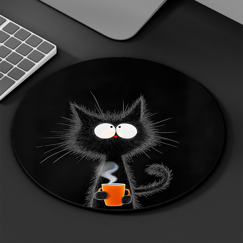 Desk Setup Gadgets - Black Cat Round Mouse Pad Durable