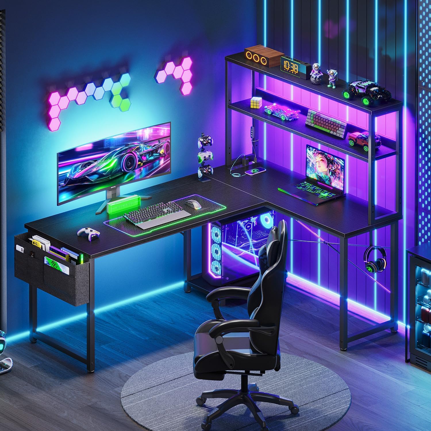 L Shaped Desk with LED Lights  – обзор и цена Desk Setup Black