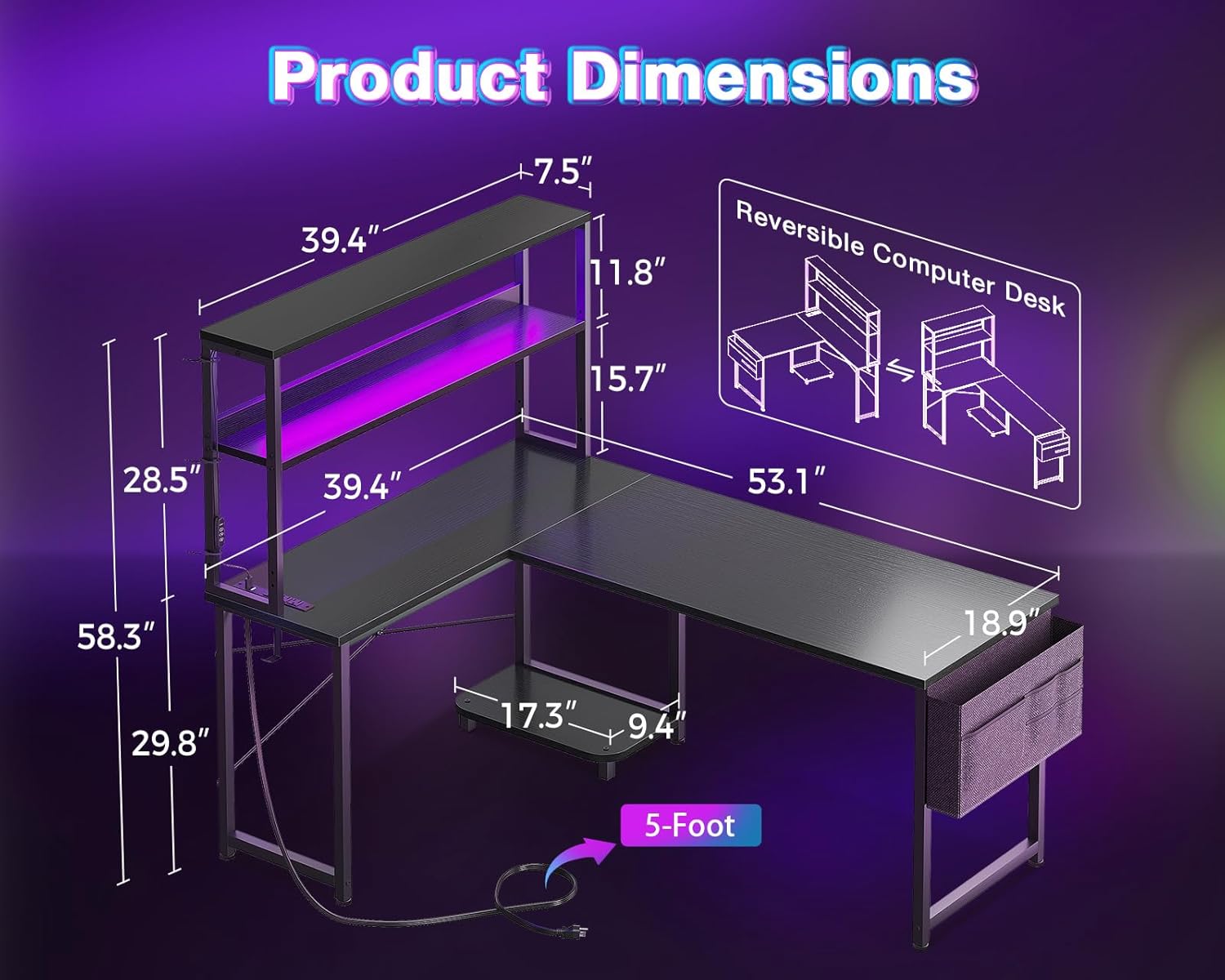 L Shaped Desk with LED Lights  – обзор и цена Desk Setup Black